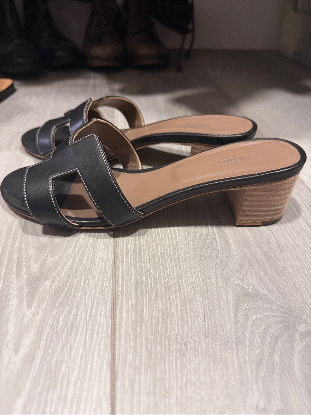 Black Oran Slide Sandals - Women's Leather Heeled Mules - Picture 3 of 4